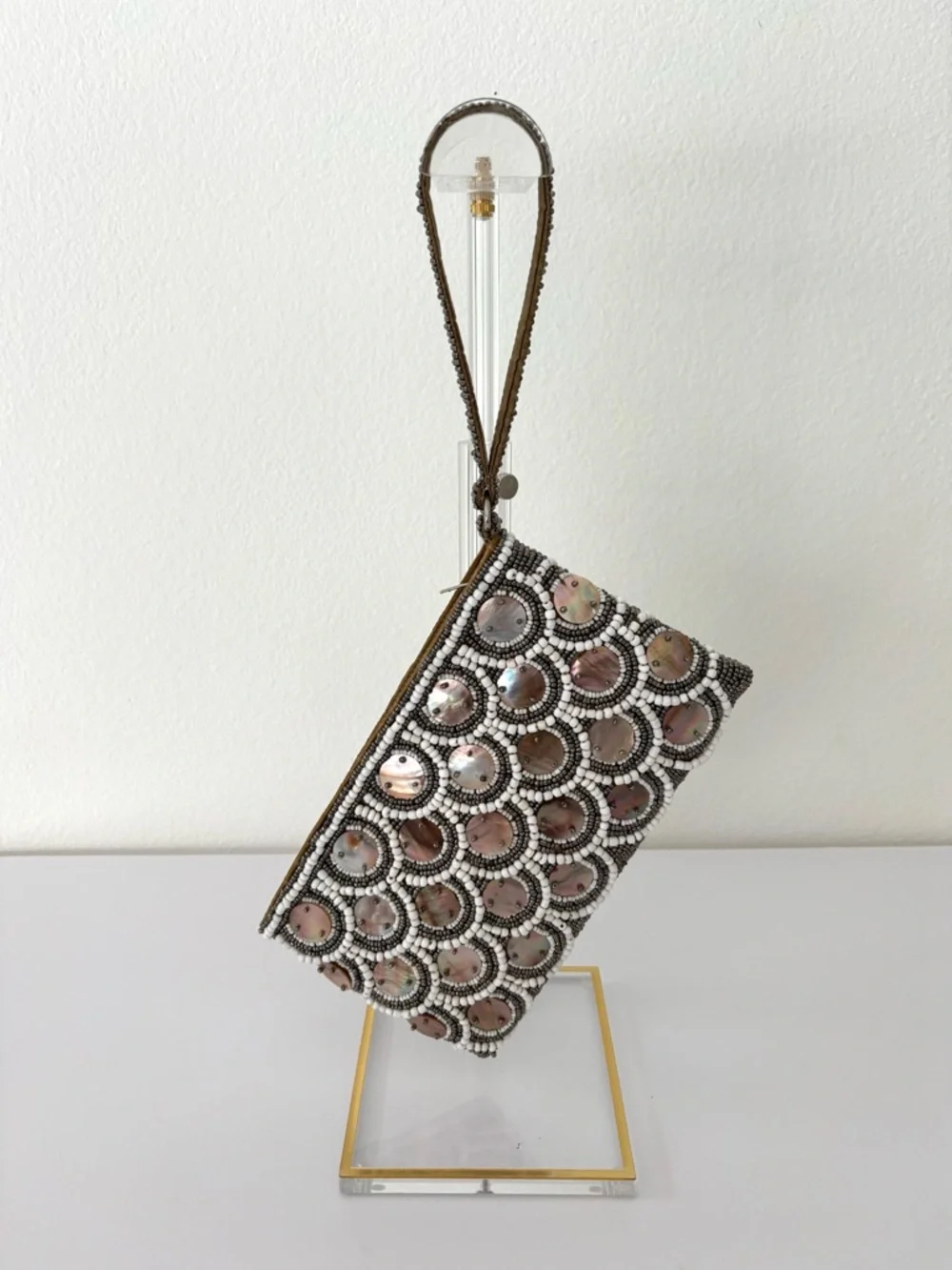 Pinkhouse Beaded Clutch Wristlet NWT Bronze & White Mother of Pearl Zip Closure